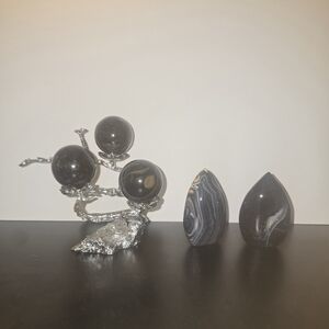 Silver Tree Sculpture with Black Spheres and Agate Stones